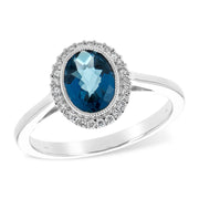 14K White Gold Fancy Cut Oval London Blue Topaz & Diamond Halo Ring