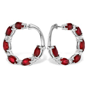 14K White Gold Front-Facing Ruby & Diamond Hoop Earrings