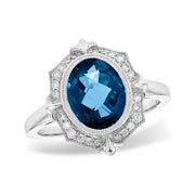 Vintage-Inspired Fleur-De-Lis 14K White Gold Oval London Blue Topaz & Diamond Halo Ring