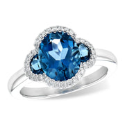 14K White Gold Three-Stone London Blue Topaz & Diamond Halo Ring