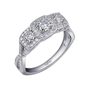 Sterling Silver Three-Stone Halo Engagement Ring