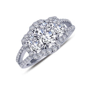 Sterling Silver Three-Stone Halo Engagement Ring