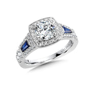 14K White Gold Diamond And Sapphire Cushion-Shaped Halo Engagement Ring