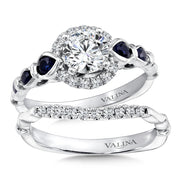 14K White Gold Sculptured Diamond And Blue Sapphire Halo Engagement Ring