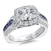 14K White Gold Diamond And Blue Sapphire Milgrain Halo Engagement Ring