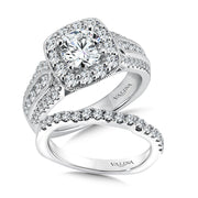 14K White Gold Cushion Shape Triple Diamond Band Halo Engagement Ring