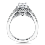 14K White Gold Emerald Cut Split Shank Halo Engagement Ring