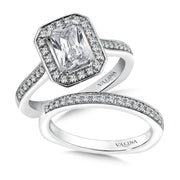 14K White Gold Halo Style Emerald Cut Engagement Ring