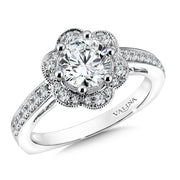 14K White Gold Floral Milgrain Diamond Halo Engagement Ring
