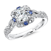 14K White Gold Floral Diamond And Blue Sapphire Criss-Cross Halo Engagement Ring