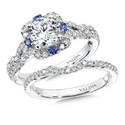 14K White Gold Floral Diamond And Blue Sapphire Criss-Cross Halo Engagement Ring