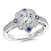 14K White Gold Floral Diamond And Blue Sapphire Accent Halo Engagement Ring