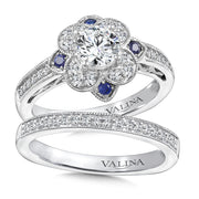 14K White Gold Floral Diamond And Blue Sapphire Accent Halo Engagement Ring