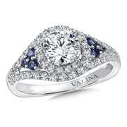 14K White Gold Diamond And Blue Sapphire Spiral Halo Engagement Ring