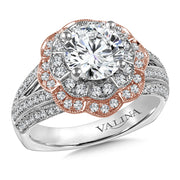 Large 14K White & Rose Gold Floral Double Halo Engagement Ring