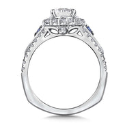 14K White Gold Diamond Cushion-Shaped Halo And Blue Sapphire Engagement Ring