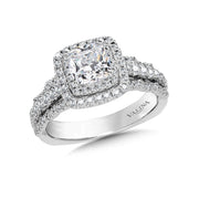 14K White Gold Cushion Halo Triple Diamond Band Engagement Ring