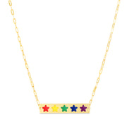 14K Yellow Gold Rainbow Enamel Stars Bar Necklace