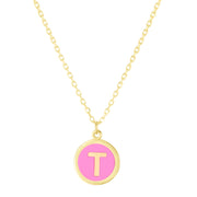 14K Yellow Gold Pink Enamel T Initial Necklace