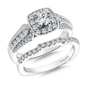 14K White Gold Triple Band Milgrain Cushion Shape Halo Diamond Engagement Ring