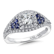 14K Two-Tone Gold Wide Diamond And Blue Sapphire Halo Engagement Ring