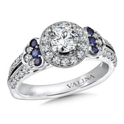 14K Two-Tone Gold Diamond And Blue Sapphire Split Shank Halo Engagement Ring