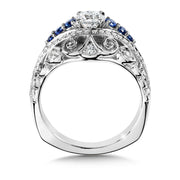 14K White Gold Decorative Diamond And Blue Sapphire Scroll Engagement Ring