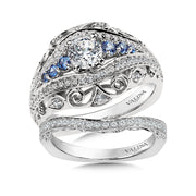 14K White Gold Decorative Diamond And Blue Sapphire Scroll Engagement Ring