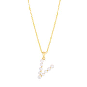 14K Yellow Gold Pearl V Initial Necklace