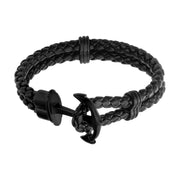 Double Black Braided Leather with Steel Black Plated Anchor Clasp Bracelet