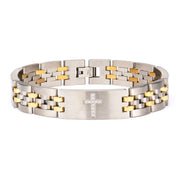 Stainless Steel Two-Tone with Clear CZ Stone Cross in Steel ID Panther Link Bracelet