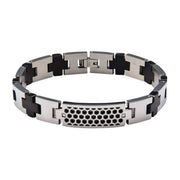 Steel Honey Comb Pattern ID Diamond & Black Plated Cross Link Bracelet