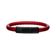 Red Leather with Anchor in Brushed Black Plated Clasp Bar Bracelet