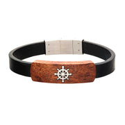 Black Leather with Ship's Wheel in Red Wood ID Bracelets