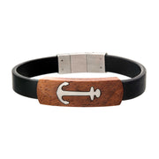 Black Leather with Anchor in Red Wood ID Bracelet