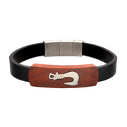Black Leather with Fish Hook in Red Wood ID Bracelet