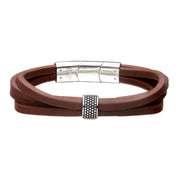 Stainless Steel Wrap Around Style Brown Leather Station Bracelet