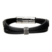 Stainless Steel Wrap Around Style Black Leather Station Bracelet
