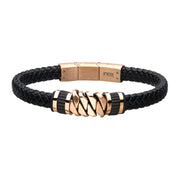 Black Braided Leather with Rose Gold IP Serrated Station Bracelet