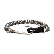 Stainless Steel & Antiqued Finish Hook with Black Leather Chain Bracelet