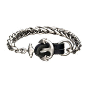 Stainless Steel & Antiqued Finish Anchor with Black Leather Chain Bracelet