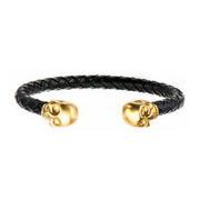 Black Leather with Gold Plated Skull Cuff Bracelet