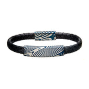 Damascus Steel Blue Plated ID with Black Leather Bracelet
