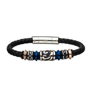 Black Braided Leather with Blue, Rose Gold Plated & Steel Drum Beads Bracelet