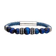 Blue Genuine Leather with Steel & Blue Tiger Eye Beads Bracelet