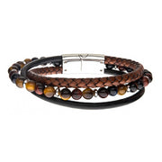 Tiger Eye Beads with Brown Braided & Black Leather Layered Bracelet