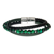 Green Tiger Eye Beads with Black Braided & Green Leather Layered Bracelet