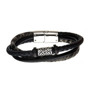 Black Plated & Antiqued Finish Drum Beads with Black Leather Layered Bracelet
