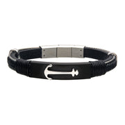 Black Leather with Steel Anchor Bracelet