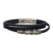 Black Braided Multi Leather with Antiqued Steel Beads Bracelet
